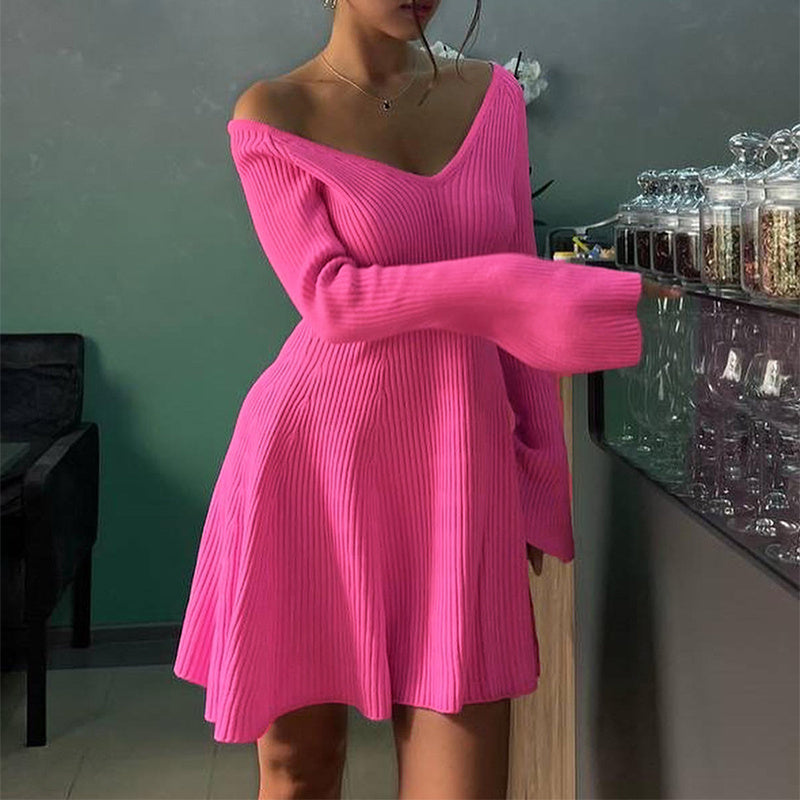 Women Slim V-Neck Long Sleeve Knitted Dress