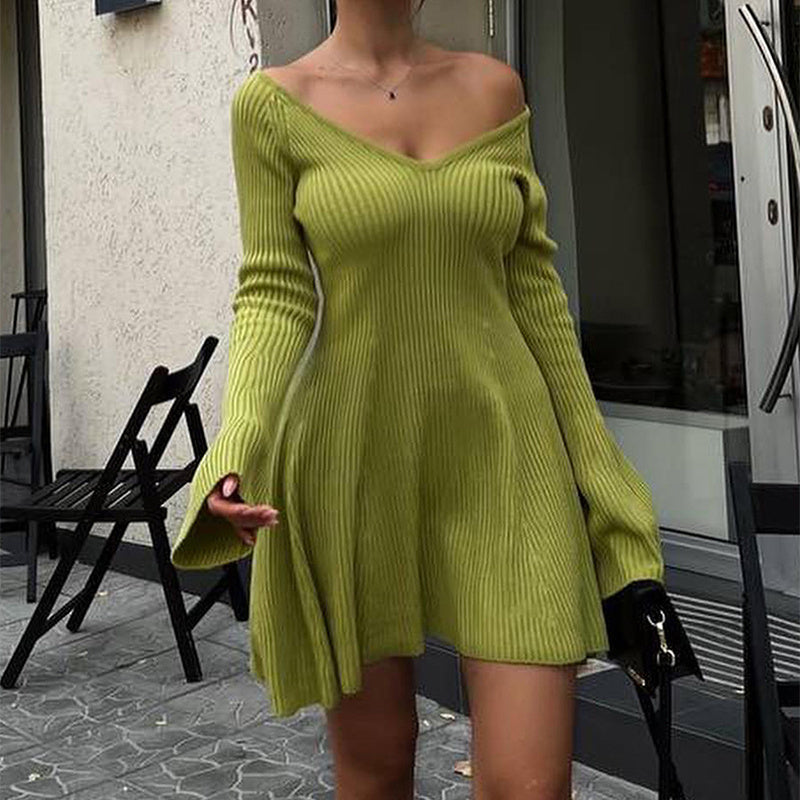 Women Slim V-Neck Long Sleeve Knitted Dress