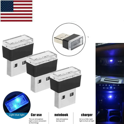 3x Mini Blue LED USB Car Interior Light Neon Atmosphere Ambient Lamp Accessories