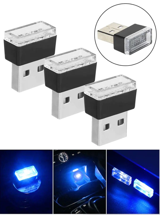 3x Mini Blue LED USB Car Interior Light Neon Atmosphere Ambient Lamp Accessories