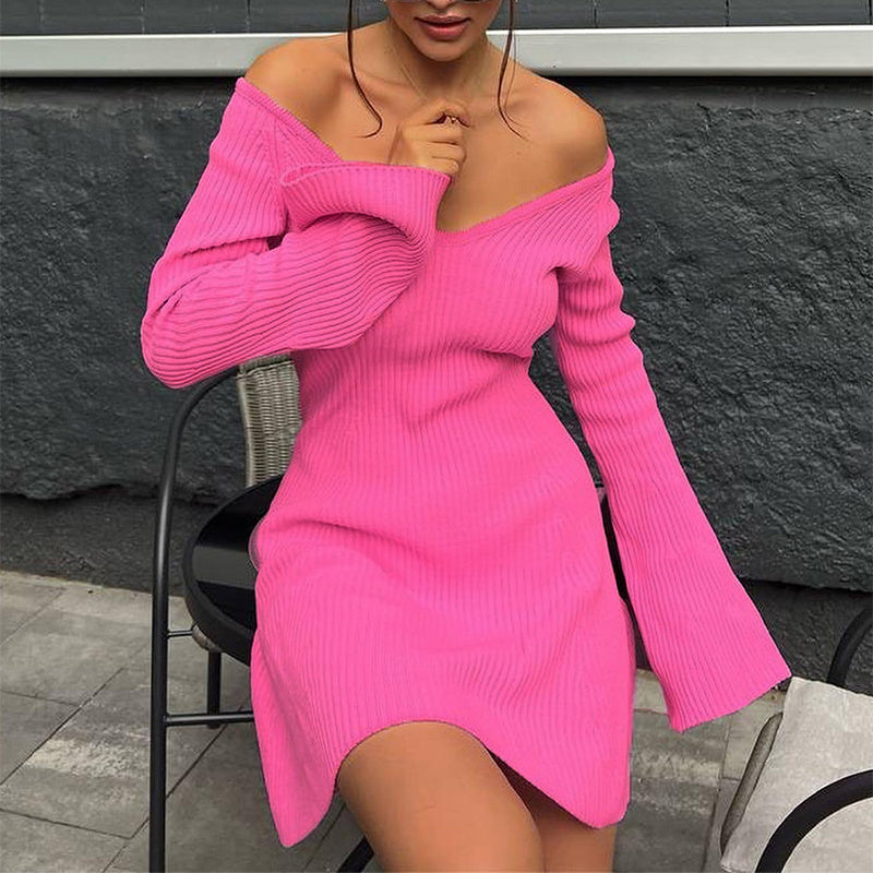 Women Slim V-Neck Long Sleeve Knitted Dress