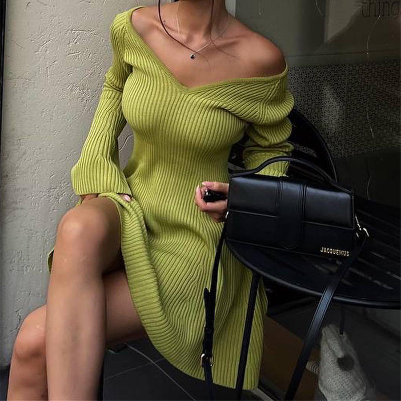 Women Slim V-Neck Long Sleeve Knitted Dress