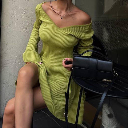 Women Slim V-Neck Long Sleeve Knitted Dress